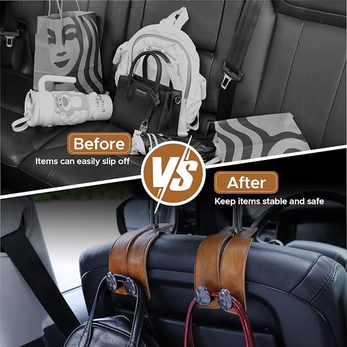 4 PCS Leather Car Seat Hooks for Headrest, Vehicle Hanger Storage Organizer Universal for Handbag Purse, Car Accessories Gift (Brown-Black-4 PCS) - Image 5