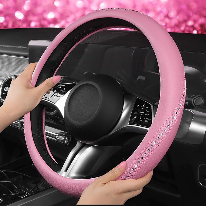 CAR PASS Bling Diamond Pink Leather Steering Wheel Cover, Studded Shining Rhinestones Universal Fit 14" 1/2-15" Glitter Sparkly Crystal Fit for Women Girl SUV,Vans,Sedans,Car,Trucks, Pink Diamond - Image 2