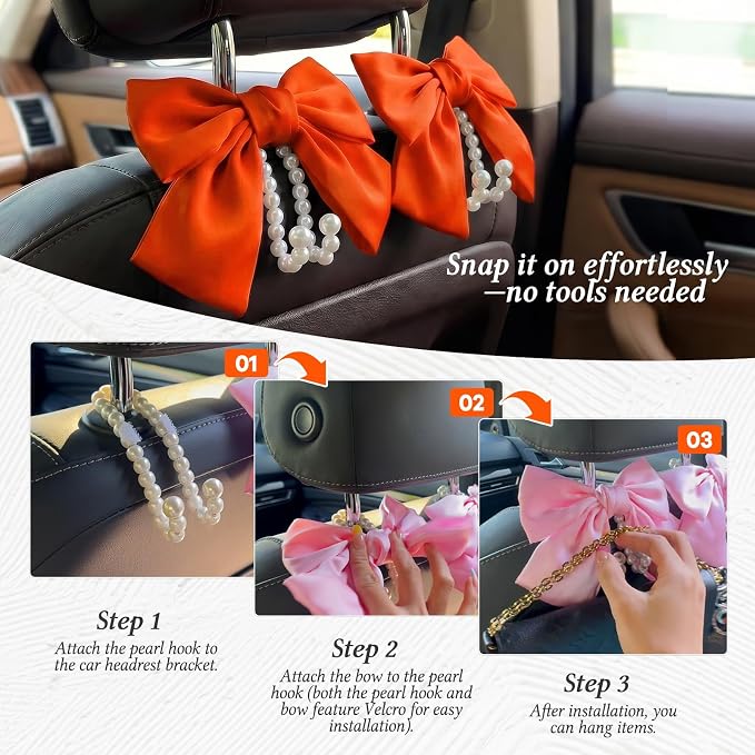 2PCS Satin Bow Pearl Car Seat Headrest Hooks – Car Bag Holder & Vehicle Hanger for Purses – Cute Coquette Aesthetic Interior Decoration – Cute Auto Organizer Accessories Universal (Orange) - Image 6
