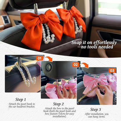 2PCS Satin Bow Pearl Car Seat Headrest Hooks – Car Bag Holder & Vehicle Hanger for Purses – Cute Coquette Aesthetic Interior Decoration – Cute Auto Organizer Accessories Universal (Orange) - Image 6