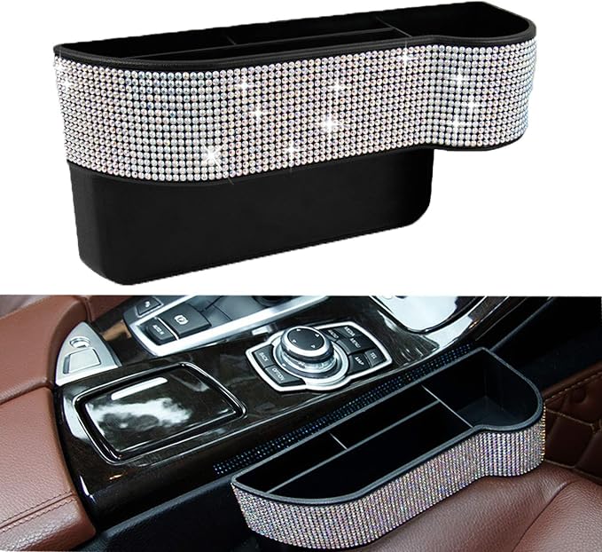 Car Seat Side Drop Organizer, Sparkle Car Seat Gap Filler, Car Seat Console Storage Organizer, Crystal Car Seat Pockets with Cup Holder and Two Charging Ports for Co-Driver. by WedFeir