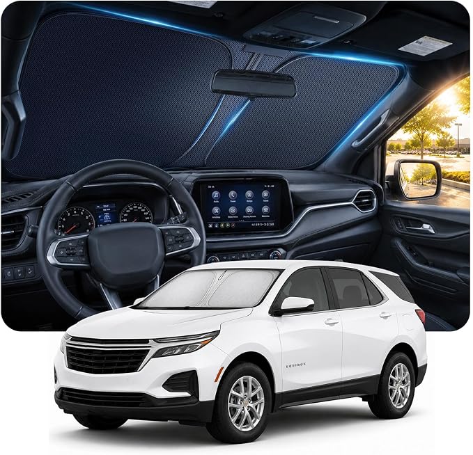 [2026 Upgraded] DooGooCoo Windshield Sun Shade for Chevy Equinox 2018-2025 2026 [Cooling Ice-Crystal, 100% Sun Block ] Sunshade for Car Windshield for Chevy Equinox Sun Shade, Custom Fit. by DooGooCoo
