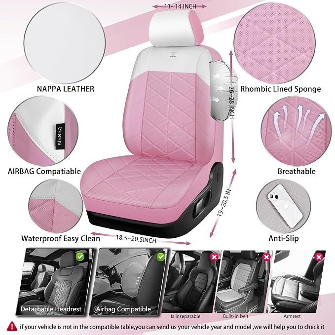 CAR PASS Memory Foam Leather Seat Covers Full Set, Breathable Luxury Perforated Nappa Leather Seat Covers Universal Fit for Car,SUV,Truck Seat Covers Thick 3D Foam Comfort,Airbag Compatible Pink White - Image 2