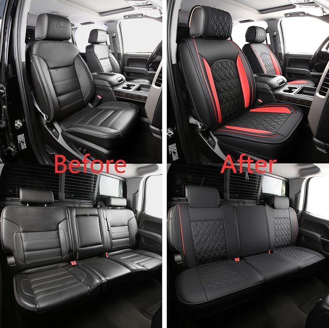 Chevy Silverado Seat Covers,Leather Seat Covers for GMC Sierra,Custom Fit 2007-2026 1500 2500HD 3500HD Crew Double Extended Regular Cab,LT LZT RST Trail Boss(Front Pair,Black Red) - Image 5