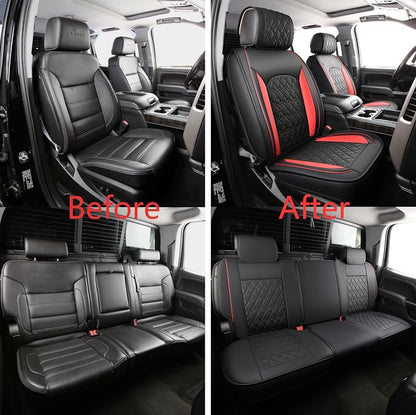 Chevy Silverado Seat Covers,Leather Seat Covers for GMC Sierra,Custom Fit 2007-2026 1500 2500HD 3500HD Crew Double Extended Regular Cab,LT LZT RST Trail Boss(Front Pair,Black Red) - Image 5