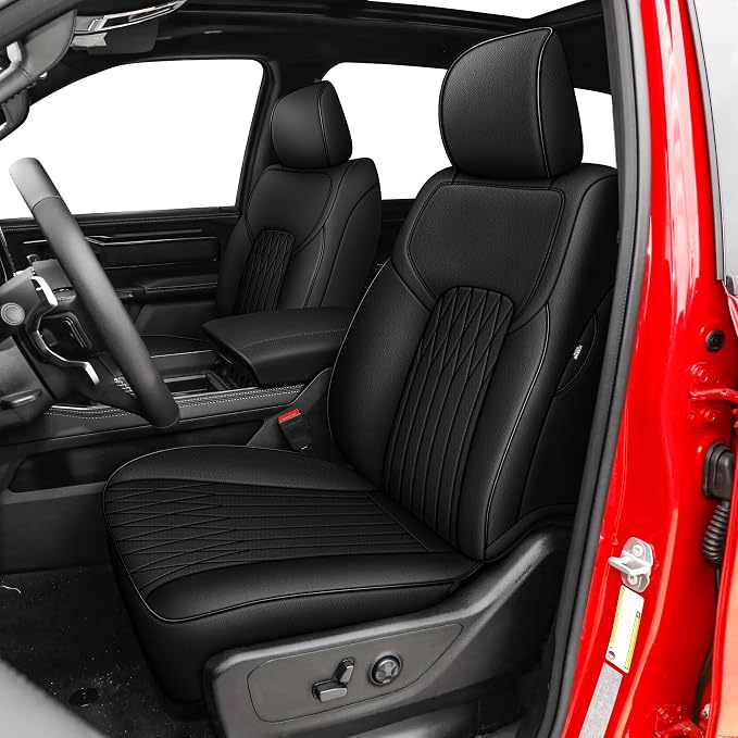 AOMSAZTO Custom Fit Seat Covers for Dodge Ram 1500 2019-2026 Black-007 | Crew Cab Only, Pickup Truck Seat Covers, Premium Faux Leather, Perfect Fit, Breathable, Water Resistant,Airbag Compatible by AOMSAZTO