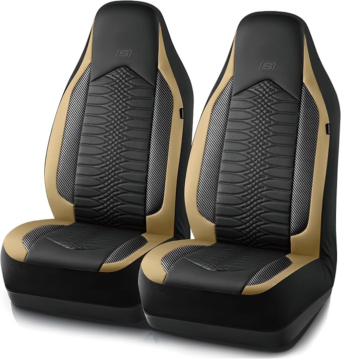 Skechers Memory Foam Car Seat Covers, Leather High Back Seat Covers Quilting Design,Waterproof Sports Car Seat Covers Front Seats,Airbag Compatible, Universal Fit for Most Cars, SUVs,Trucks,Beige by Unknown