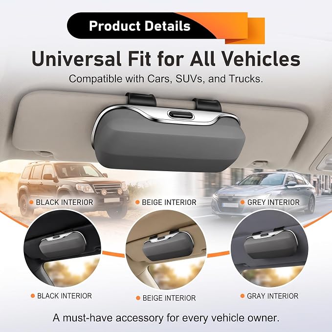Car Visor Sunglass Holder, Anti-scratch Eyeglasses Storage Protection Case, One-press Open Organizer Box with Clips, Universal Interior Accessory for SUVs Sedans Trucks (Gray) - Image 8