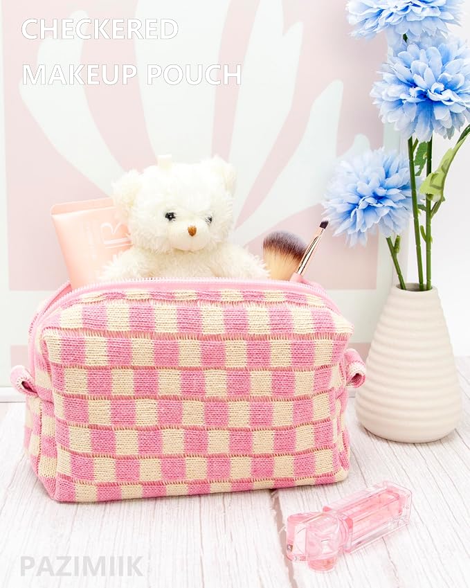Checkered Makeup Bag for Purse, Small Cosmetic Pouch,Pink Beige,6 Pack | Cute Zipper Makeup Organizer for Women, Travel Essentials, Toiletries, Makeup Brushes, Beauty Accessories&Bridesmaid Gifts - Image 2