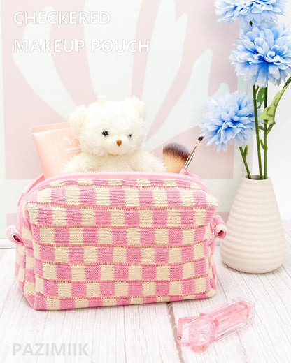 Checkered Makeup Bag for Purse, Small Cosmetic Pouch,Pink Beige,6 Pack | Cute Zipper Makeup Organizer for Women, Travel Essentials, Toiletries, Makeup Brushes, Beauty Accessories&Bridesmaid Gifts - Image 2