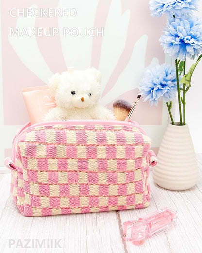 Checkered Makeup Bag for Purse, Small Travel Cosmetic Pouch,Pink Beige | Cute Zipper Makeup Organizer for Women, Travel Essentials, Toiletries, Makeup Brushes, Beauty Accessories&Bridesmaid Gifts - Image 2