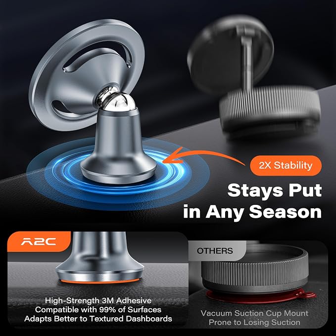 APPS2Car for MagSafe Car Mount, All Metal Magnetic Phone Holder, Gray | One-Piece 360° Rotating Magnet Phone Mount with 3M VHB Adhesive, Compatible with iPhone 17/16/15/14/13/12 & MagSafe Cases - Image 8