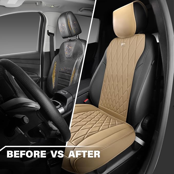 CAR PASS Luxury Nappa Leather Front Car Seat Covers, Sideless Car Seat Protectors with Storage Pocket, Non-Slip Automotive Seat Cover for Cars Trucks SUV, Airbag Compatible, 2 Pack (Beige) - Image 4