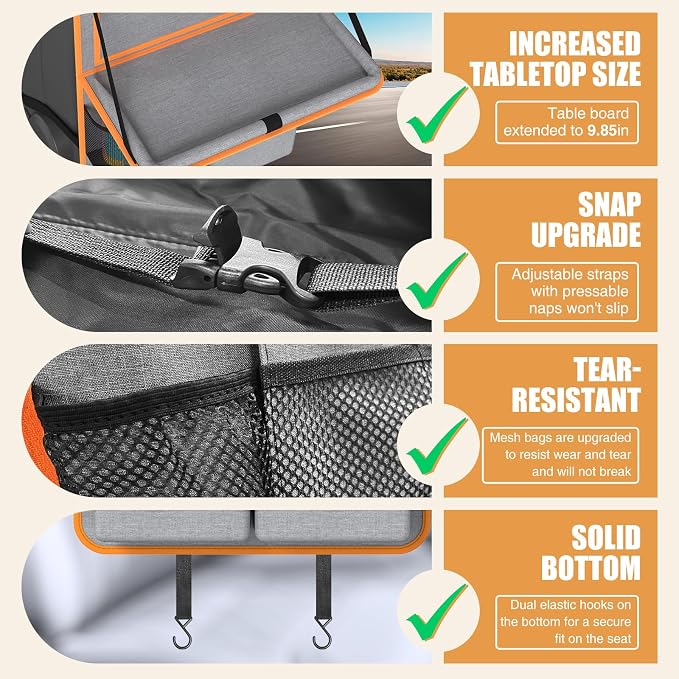 Car Backseat Organizer with Tablet Holder,11 Storage Pockets with Foldable Food Tray, Protector Kick Mats for Kids, Travel Accessories Organizer (Orange, 2Pack) - Image 5