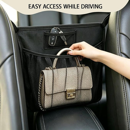 Car Purse Holder Between Seats, Upgraded PU Leather & Mesh Car Organizer Front Seat with Cup Holders, Tissue Holder, Pet & Child Barrier Net for SUV Truck Large Sedan - Image 4