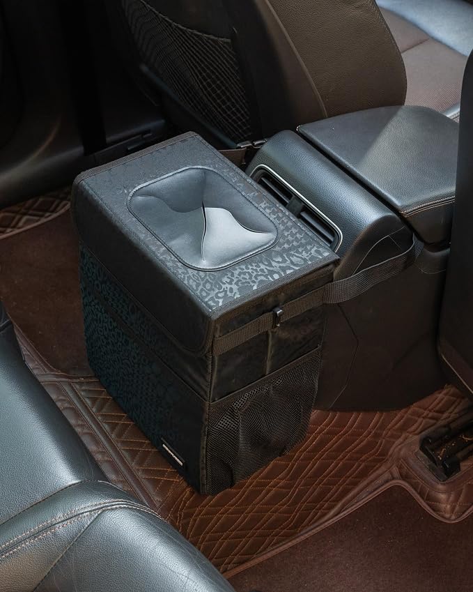 SIBOFUEGO Sturdy 3 Gallon Car Trash Can - Ultra Large Capacity, Leak Proof, Waterproof Car Organizer and Storage with Pockets and Adjustable Straps, Collapsible Interior Car Accessory (Black Leopard) - Image 5