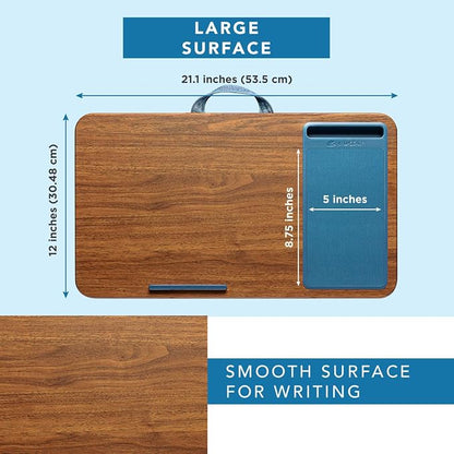LAPGEAR Home Office Lap Desk – Espresso Blue, Fits 15.6” Laptops | Built-In Mouse Pad & Phone Slot, Integrated Device Ledge, Dual-Bolster Microbead Cushion, Carry Handle - Image 5