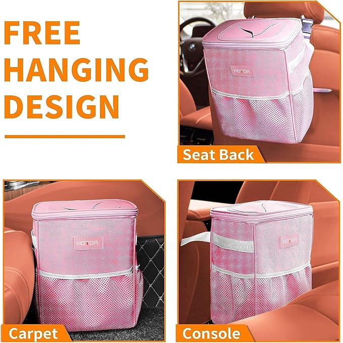 HOTOR Car Trash Can, Compact Waterproof Organizer, Leak-Proof Bin, 2-Gallon | Pink, Multifunctional Car Accessory with Adjustable Straps & Magnetic Snaps for Interior Car Storage - Image 6
