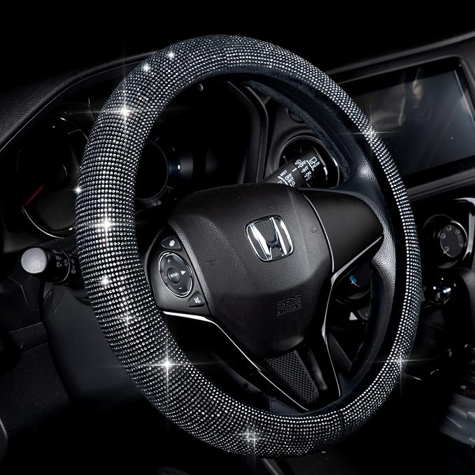 Steering Wheel Cover for Women Men Bling Bling Crystal | Diamond Sparkling Car SUV Wheel Protector Universal Fit 15 Inch (Black with White Diamond,Standard Size(14" 1/2-15" 1/4)) by Valleycomfy