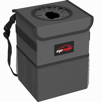 EPAuto Waterproof Car Trash Can with Lid and Pockets, 2.5 Gal, Dark Gray | Leakproof, Collapsible Multipurpose Car Bin with 3 Side Storage Pockets, Adjustable Straps by EPAuto