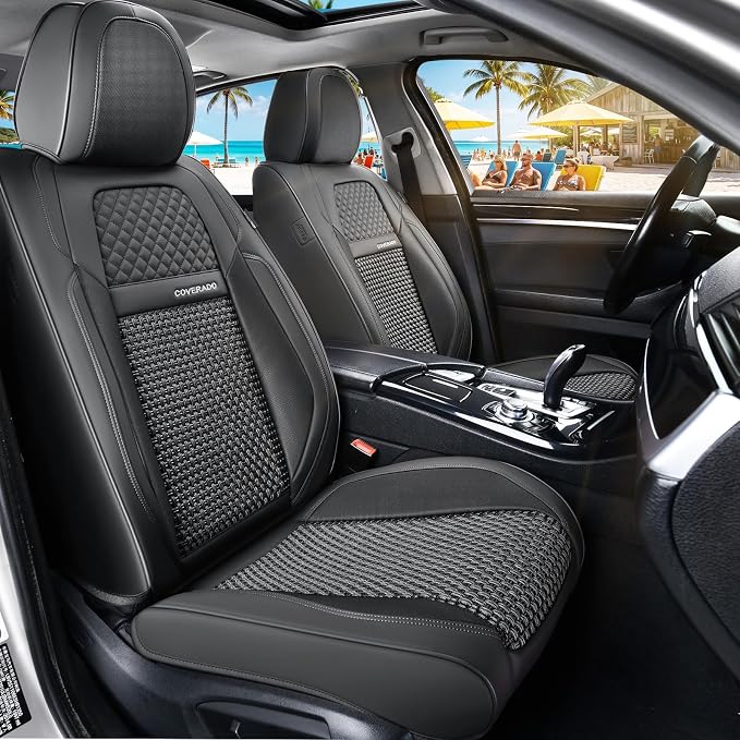 Coverado Leather Front Seat Covers, 2-Pack Universal Waterproof Breathable Leather Woven Leatherette Seat Cushions, Auto Car Seats Protectors, Fit for Most Vehicles-Blackpure by COVERADOAUTO