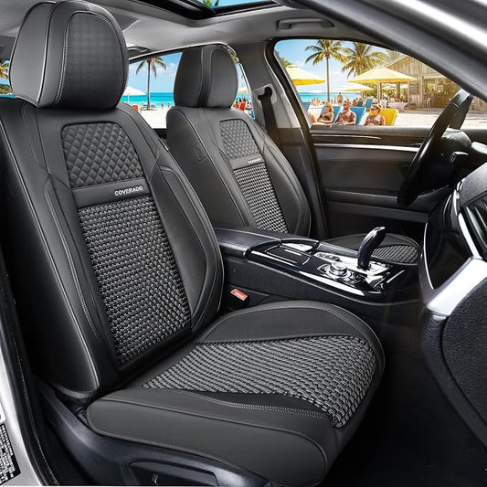 Coverado Leather Front Seat Covers, 2-Pack Universal Waterproof Breathable Leather Woven Leatherette Seat Cushions, Auto Car Seats Protectors, Fit for Most Vehicles-Blackpure by COVERADOAUTO