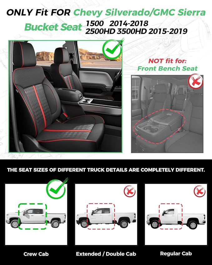 RIDEPOSH Custom Fit Seat Covers for Sierra/Silverado 1500 2014-2018 CrewCab | Fits 2500/3500HD 2015-2020, no Rear Armrest/Seatback Storage, Faux leather, Protective, Scratch-resistant, Easy-clean - Image 2