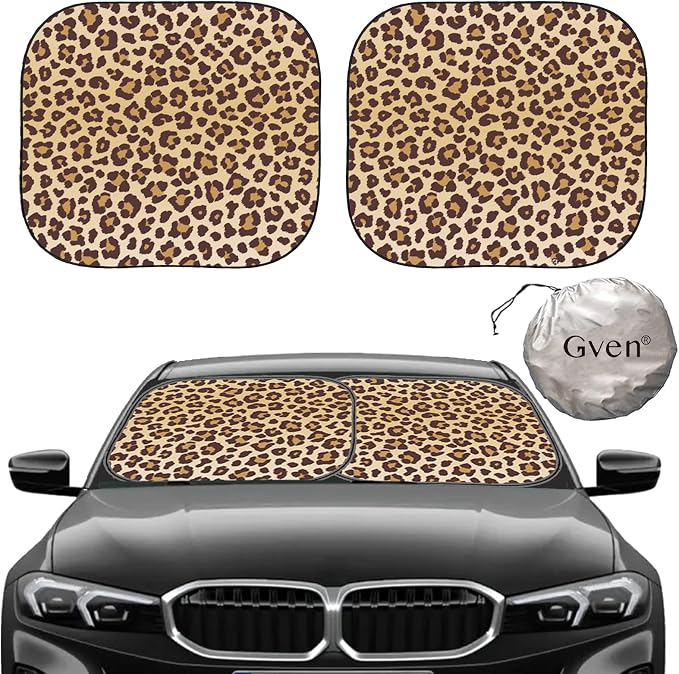 Gven Windshield Sun Shade 2pcs with Bonus Car Sunshade for Front Window Shades 2025 Technology Reflect UV and Heat Sun Visor Automotive Interior Sun Protection (Leopard, S) by Gven