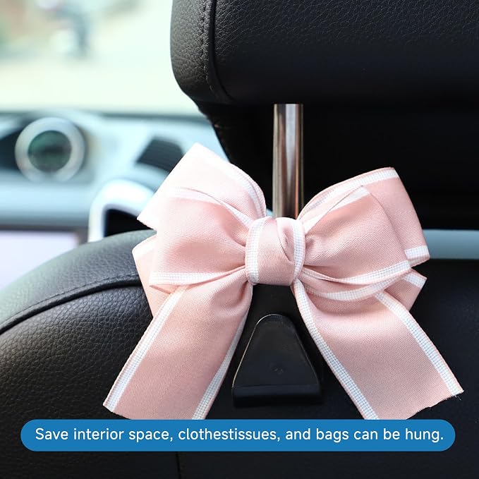 2 Pack Bow Car Seat Headrest Hooks, Pink | PVC construction, snap-on installation, holds bags purses or umbrellas, fits most cars and trucks, car interior accessories - Image 3