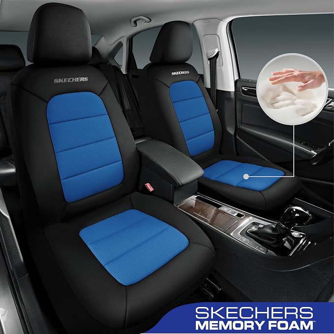 Skechers Memory FoamCar Seat Covers,Thick Cool Touch Fabric Seat Covers,Seat Cover Full Sets Airbag Compatible,Automotive Comfort Protection for Most Cars,Vans,Trucks,SUV,Blue - Image 2