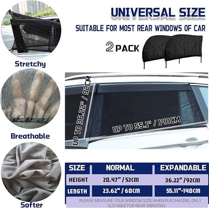 Car Rear Window Screens for Side Windows, 2 Pack Side Window Sun Shades,Stretchy Mosquito Net Cover Fit Cars SUVs - Up to 36.22”x55.1” - Image 2