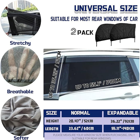 Car Rear Window Screens for Side Windows, 2 Pack Side Window Sun Shades,Stretchy Mosquito Net Cover Fit Cars SUVs - Up to 36.22”x55.1” - Image 2