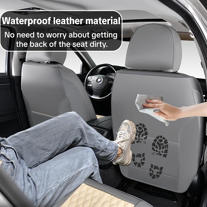 Khaki Car Seat Cover Complete Set, Universal Car Seat Cover for Car with Lumbar Support, Premium Artificial Leather, Waterproof and Easy to Clean, Airbag Compatible, Seat Heating Compatible - Image 6