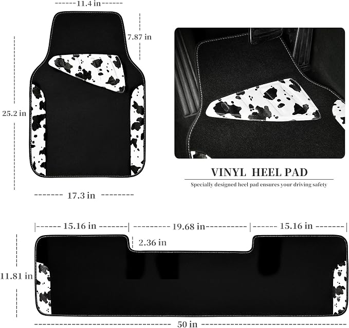 CAR PASS Waterproof Universal 3Pcs Car Floor Mats, Cow Print Car Mats Fit for SUV,Vans,sedans, Trucks,Set of Vehicles Car Carpet with Driver Heel Pad and Nibs Backing, Cute Women Girly (Black White) - Image 2