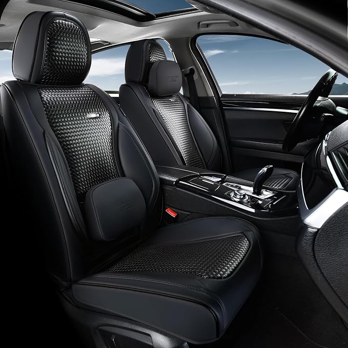 Coverado Seat Covers, Car Seat Covers Front Seats, Waterproof Nappa Leather Auto Seat Cover with Lumbar Head Pillow, Black Seat Covers Carseat Cover Universal Fit for Most Cars by COVERADOAUTO