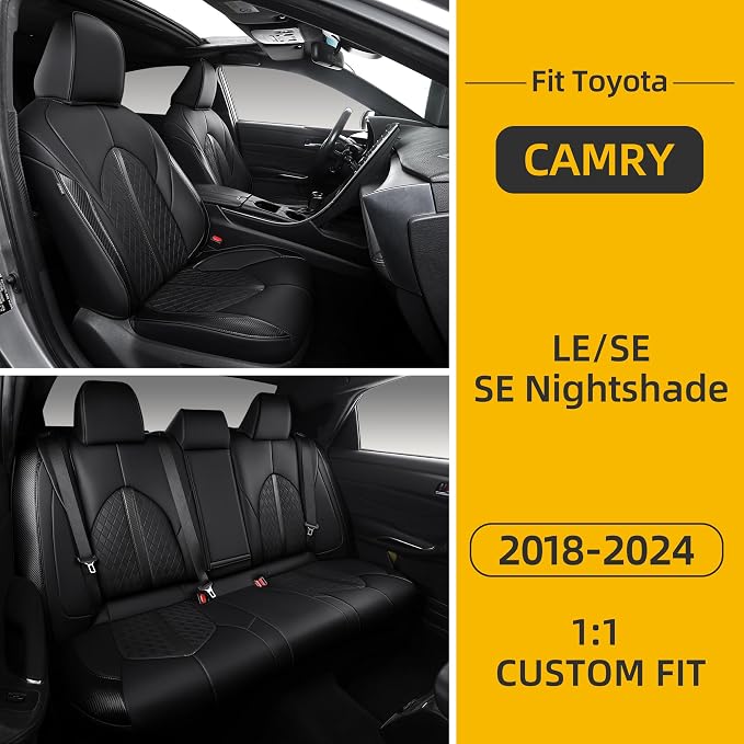 Custom Camry Seat Covers for 2018-2024 Toyota Camry Gasoline - Black | Waterproof Faux Leather Full Coverage, Car Seat Protectors Full Set, Fit Toyota Camry LE SE SE Nightshade, Airbag Compatible - Image 8