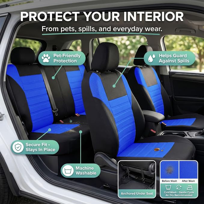 FH Group Automotive Car Seat Covers Full Set Premium 3D Air Mesh Front Seat Covers, Airbag Compatible & Split Bench Cover Universal Fit Interior Accessories for Cars Trucks and SUVs - Blue - Image 6