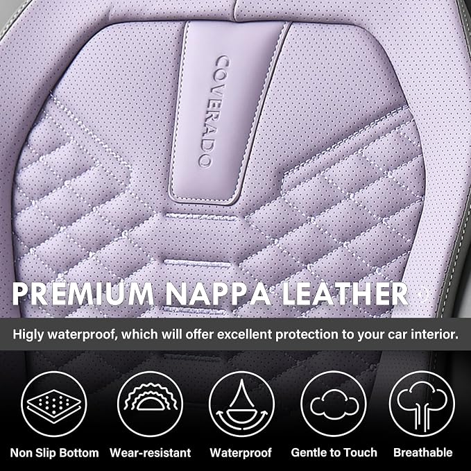 Coverado Car Seat Covers, Front Seat Cover, Waterproof Nappa Leather Seat Covers for Cars, Driver Car Seat Protectors, Gray and Purple Automotive Seat Covers Universal Fit for Most Cars - Image 4