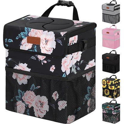 Vankor Car Trash Can with Lid Leak Proof Car Accessories for Women | 3 Gallon Cute Hanging Car Trash Bin for Men Car Truck Vehicle Sedan Interior Automotive Garbage Cans, Black Floral by Vankor