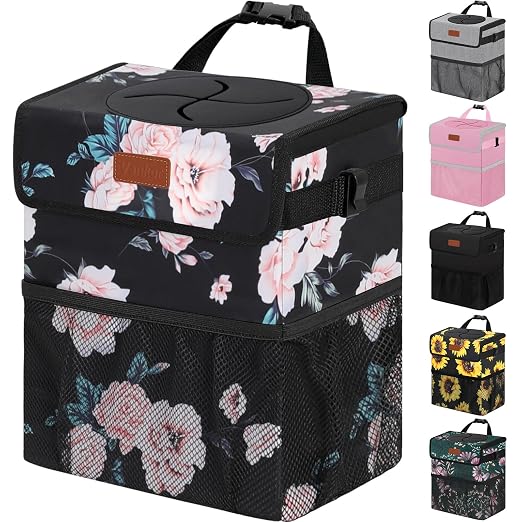 Vankor Car Trash Can with Lid Leak Proof Car Accessories for Women | 2.2 Gallon Cute Hanging Car Trash Bin for Men Car Truck Vehicle Sedan Interior Automotive Garbage Cans, Black Floral by Vankor
