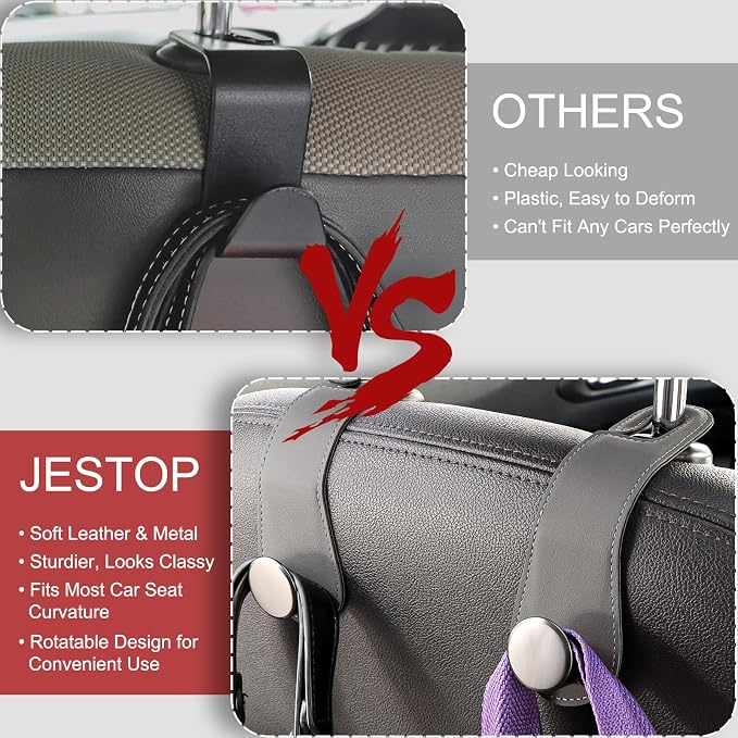JESTOP Car Headrest Hooks 2 Pack Leather Car Seat Storage Hangers, Gray | Stylish Leather & Alloy Car Seat Organizer Hooks for Purses Bags Handbag Coat Umbrellas, Car Inside Accessories, Up to 44lb - Image 5