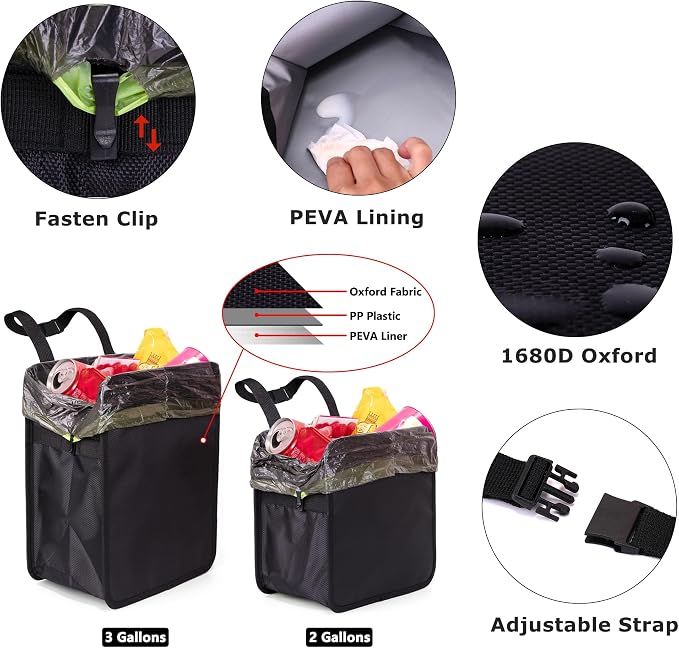 Ginsco 2 Gallons Open-Top Car Trash Can, Hanging Leakproof Car Trash Bag with Water-proof PEVA Liner, Stand Trash Bag for Cars Foldable Automotive Garbage Can for Cars SUV Truck RV Black - Image 5