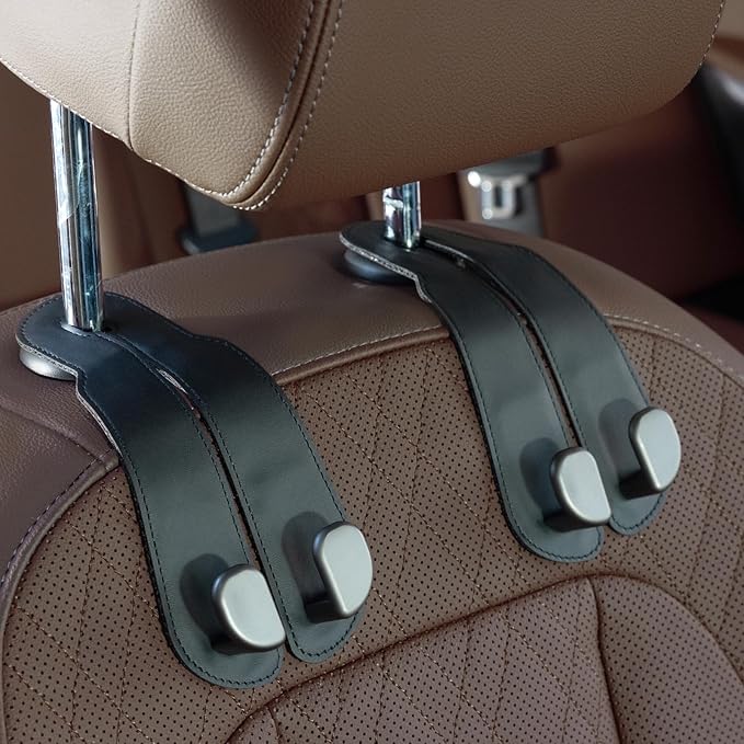 CoBak Purse Hook for Car - Universal Premium Stitched Leather and Aluminum-Magnesium Alloy Double Car Seat Back Storage Hook for Purses, Handbags, Bags (2 Pack),Black by PopulartabletcasebrandWegivepeoplethebestdesignofprotectingvariouselectronicdevices