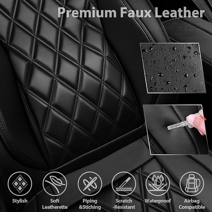 CAR PASS Luxury Nappa Leather Front Seat Covers, Waterproof Lumbar Support Seat Covers, Universal Anti Slip Seat Cushion Fit for Most Sedan SUV Truck Van, Armrest Airbag Compatible Rhomb Pure Black - Image 5
