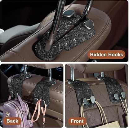 CoBak Purse Hook for Car - Universal Premium Stitched Leather and Aluminum-Magnesium Alloy Double Car Seat Back Storage Hook for Purses, Handbags, Bags (2 Pack),Glitter Black - Image 4