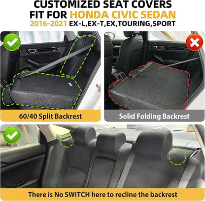 Lolcar Custom Fit Civic Seat Covers for Honda Civic Sedan 2016 2017 2018 2019 2020 2021 EX,EX-L,EX-T,Touring,LX-P,Sport - 5-Seats Leather Full Set，Black(60/40 Split Seatback-with Rear Armrest) - Image 2