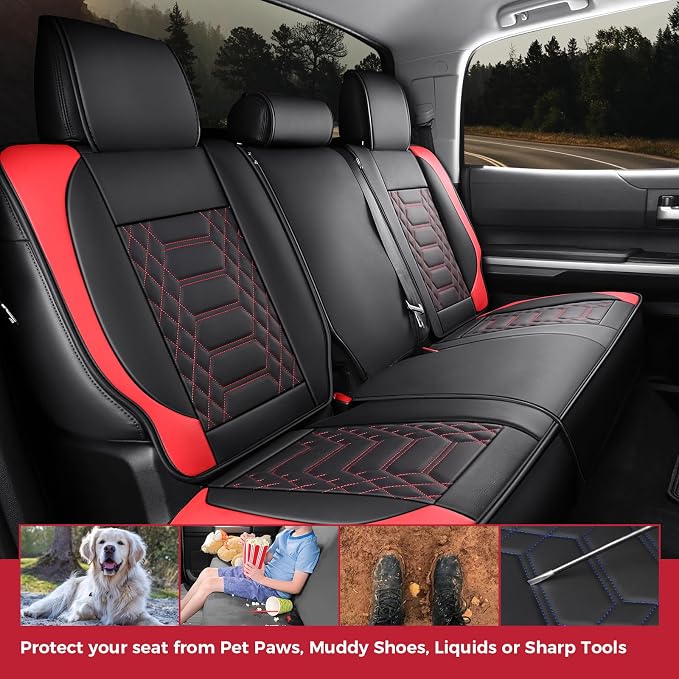 FREESOO Custom Leather for Toyota Tundra Seat Covers 2007-2013 Crewmax Cab | Fit for Crewmax Cab 5 Seats, Full Set, 60/40 Split Bench, Faux Leather, for Truck Toyota Tundra Accessories, BlackRed - Image 6