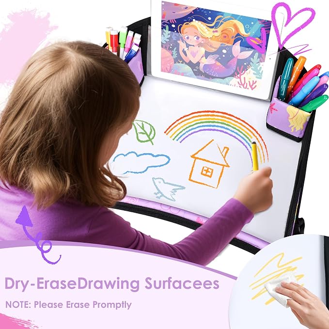 Kids Travel Tray for Toddler Car Seat, Road Trip Activities for Kid | Toddler Car Activities with iPad Holder Stand, Roadtrip Essentials with Dry Erase Board & Cooler Cup Holder,Purple Mermaid - Image 4