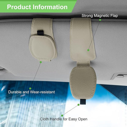 2 Pack Magnetic Leather Sunglasses Holder For Car，Car Visor Accessories And Ticket Card Clip，Fit Different Size Eyeglasses (Beige) - Image 2