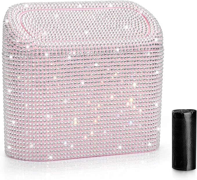 Accmor Bling Car Trash Can with Lid, Leakproof Mini Vehicle Trash Bin Automotive Dustbin Organizer Storage, Sparkling Crystal Rhinestone Trash Bag Container with 30pcs Garbage Bags Car Accessories by Accmor